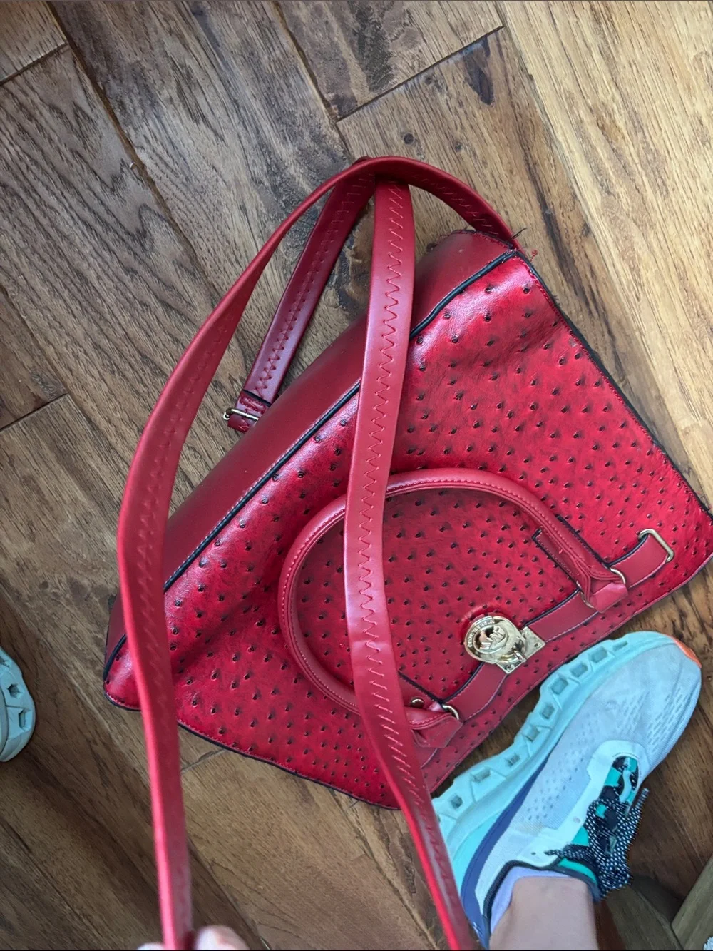 Red Fauxe-Ostrich MK Satchel Handbag with Gold Accent